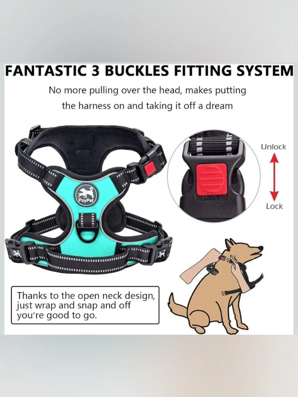 PoyPet No Pull & Choke Free 🐶 Dog Harness Padded Pet Vest Mint Blue Size XS